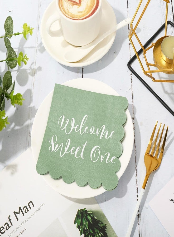 JarThenaAMCS 50Pcs Baby Shower Cocktail Napkin Sage Green Scalloped Disposable Paper Napkin Welcome Sweet One Beverage Napkins for Party Drink Table Decor - Image 3